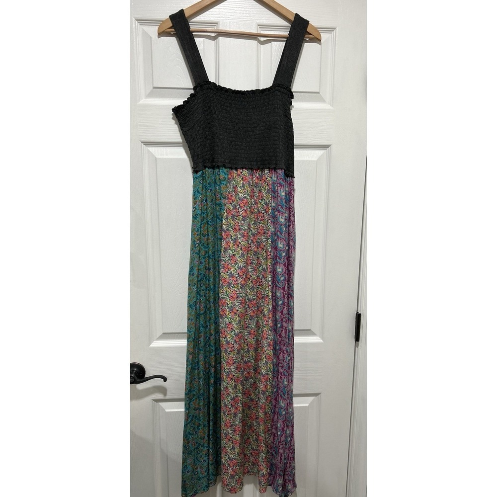 Natural Life Women's L Mixed Print Floral Midi Dress Boho Smocked Sleeveless